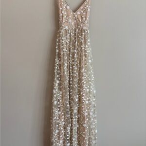 Altar'd State Nude Maxi Dress with White Floral Appliqués